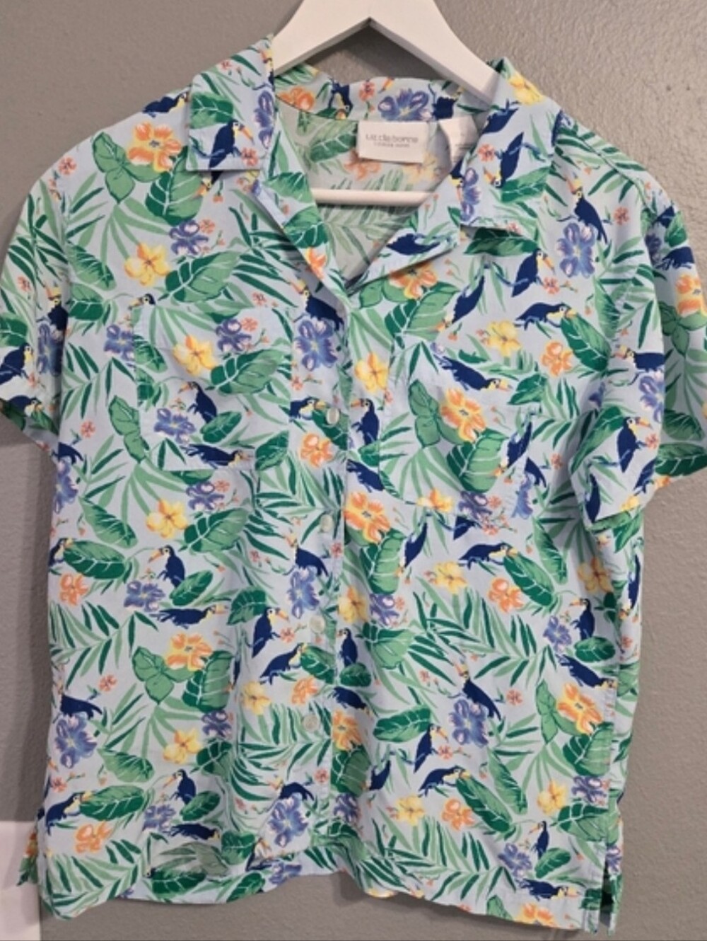 Vintage Liz Claiborne Tropical Toucan Print Button Down Shirt Size Large
